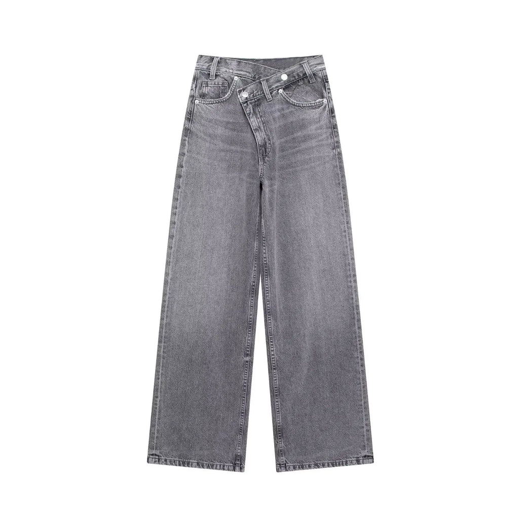 Jeans For Woman New Fashion Asymmetric Design High Waist Wide Leg Trousers Casual Women's Straight Leg Jeans - trendingshoping.com