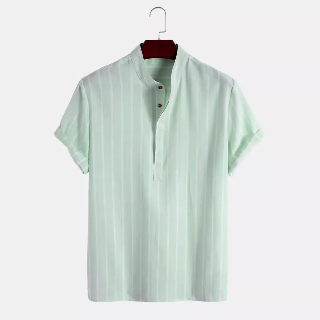 Men's Striped Linen Short Sleeve Shirt - Casual Stand-Up Collar Summer Top