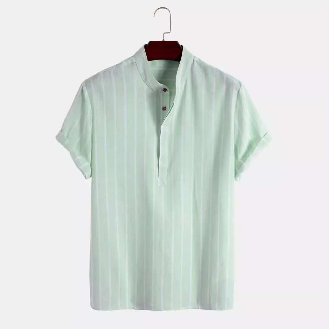 Men's Striped Linen Short Sleeve Shirt - Casual Stand-Up Collar Summer Top