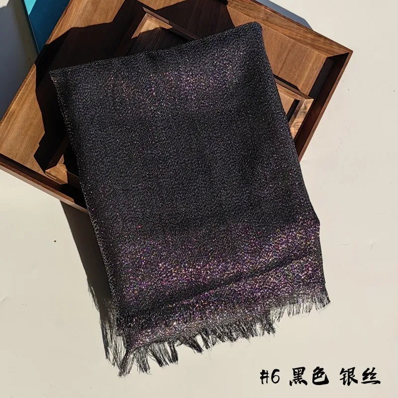 Lastest Brand Design Scarf Shiny Solid Color Shawls Rayon Fabric Gold Silk Silver Wire Head Shawl Fringe Hijab For Women