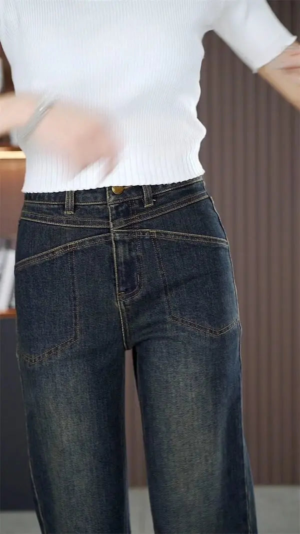 Women's Narrow Straight Leg Jeans  Fall Winter New Plush Lined Thick Korean Retro Relaxed Casual Trousers High Waist Flattering