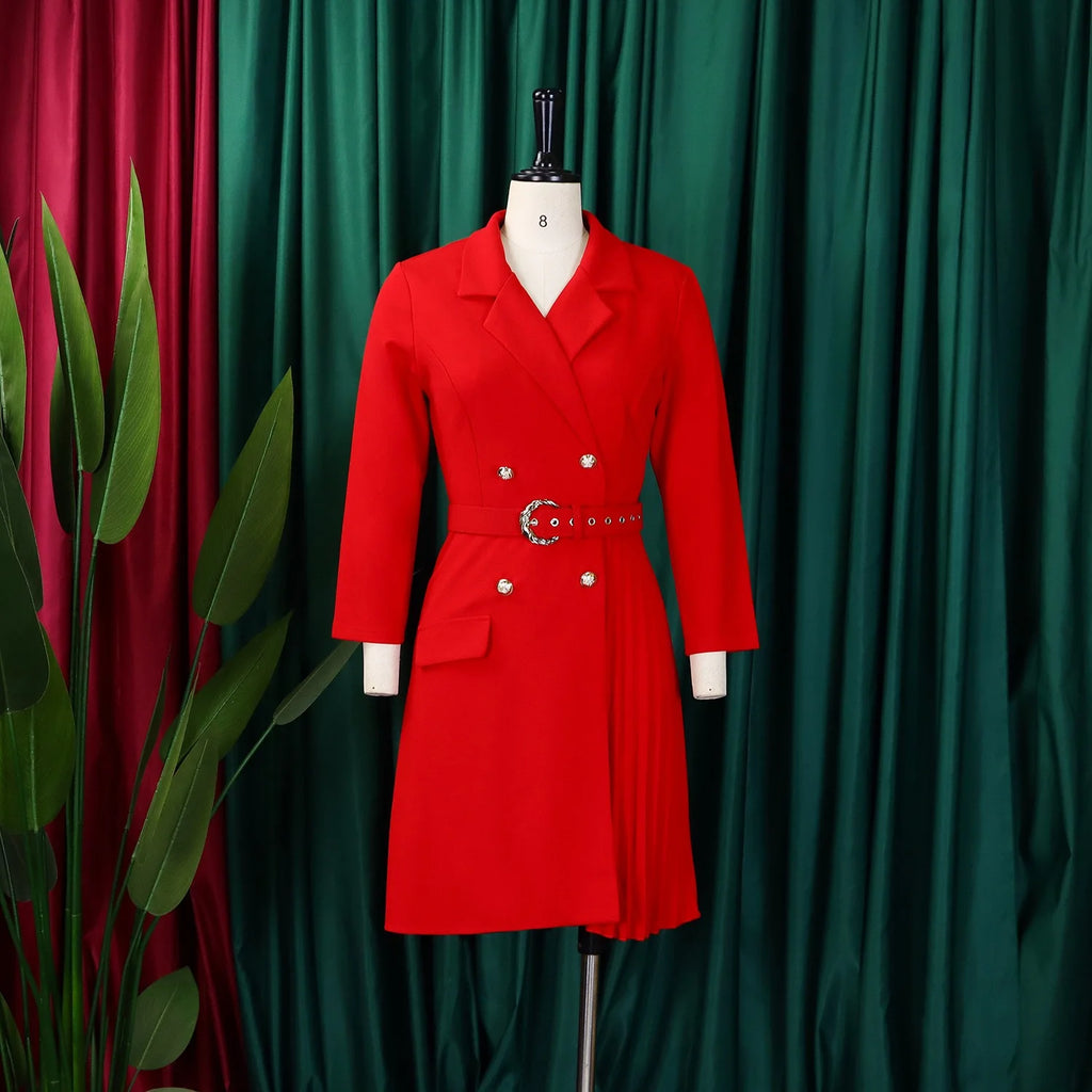 Elegant Dresses for Woman 2024 Autumn Winter New Trends Notched Collar Full Sleeve Sashes Pleated Mid Calf Solid Fashion Dress