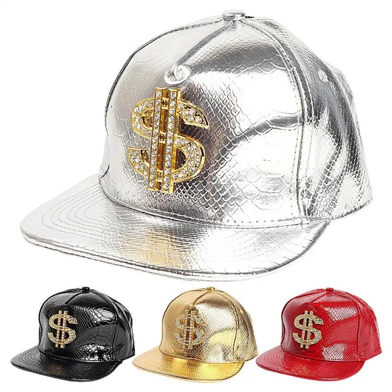 Crocodile Hip Hop Cap – Gold Dollar Sign Flat Brim Fitted Hat for Youth
