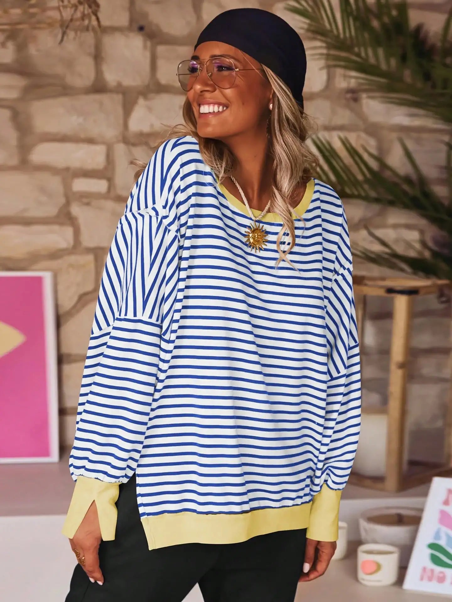 Women Spring Autumn Long Sleeve Loose Tops Crew Neck Striped Side Slits Shirt Casual Pullover Sweatshirt Tops