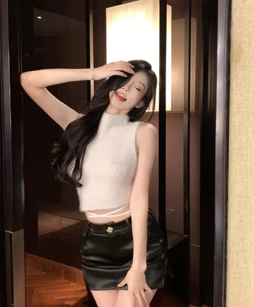 Women Knit Halter Crop Top Furry Lace Up Sleeveless