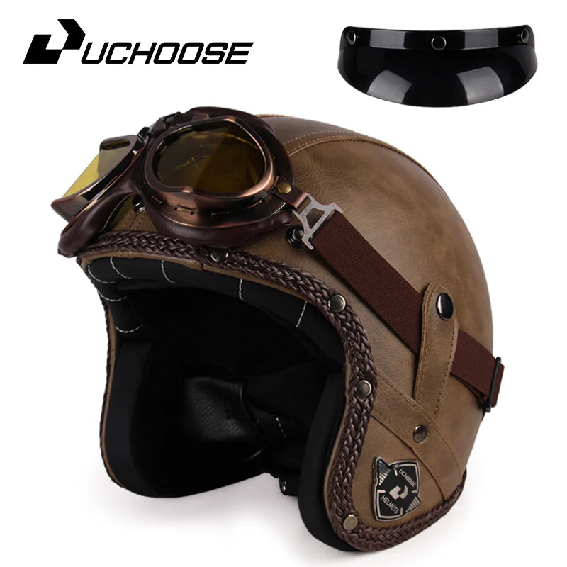 UCHOOSE 3 Quarter Open Face Motorcycle Helmet Classic Vintage