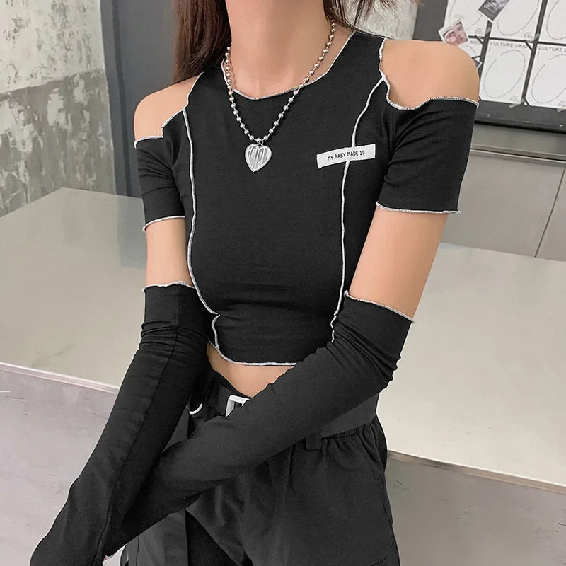 Patchwork Black T-shirts Gothic One Shoulder Sleeve Y2k Crop Tops Ruffles Hem Hip Hop Techwear Women Tees 2025