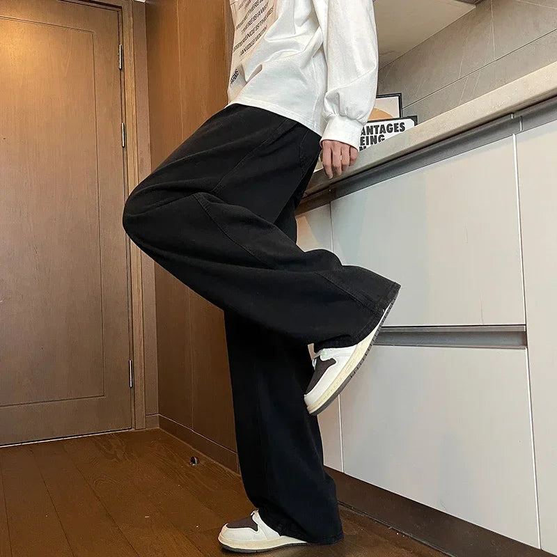 Mens Black Gray Loose Straight Wide Leg Jeans Casual Pantslue