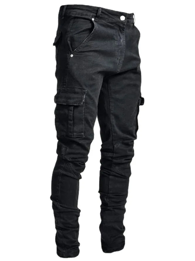 Jeans Men Black Cargo Multi Pocket Denim Pants Blue Slim Fit Overol Hombre Fashion Casual Streetwear Trousers