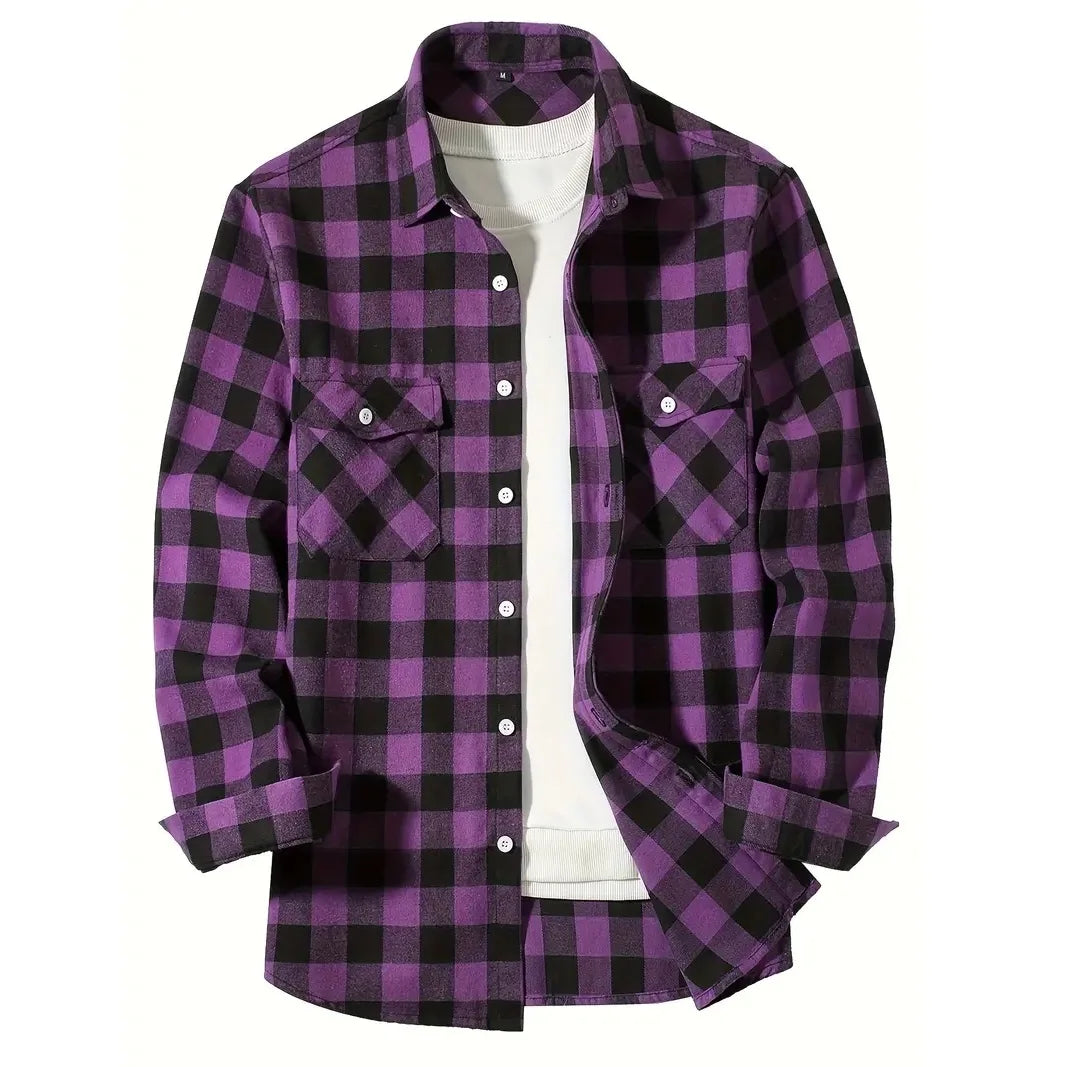 Men's Plaid Flannel Shirt – Long Sleeve Smart Casual Top with Two Chest Pockets, Spring & Autumn Style