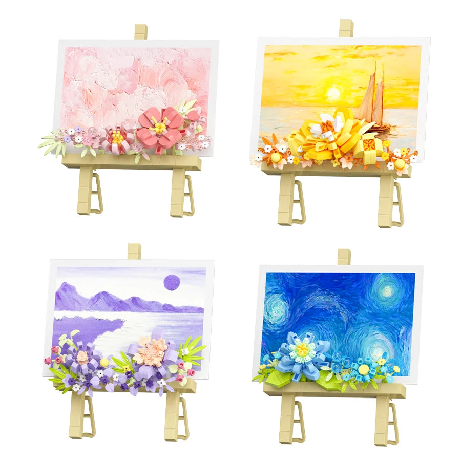 Mini Flower Painting Shelf Building Block Sets With Wooden Easel Educational Toys DIY Home Decor Mother's Day Gifts