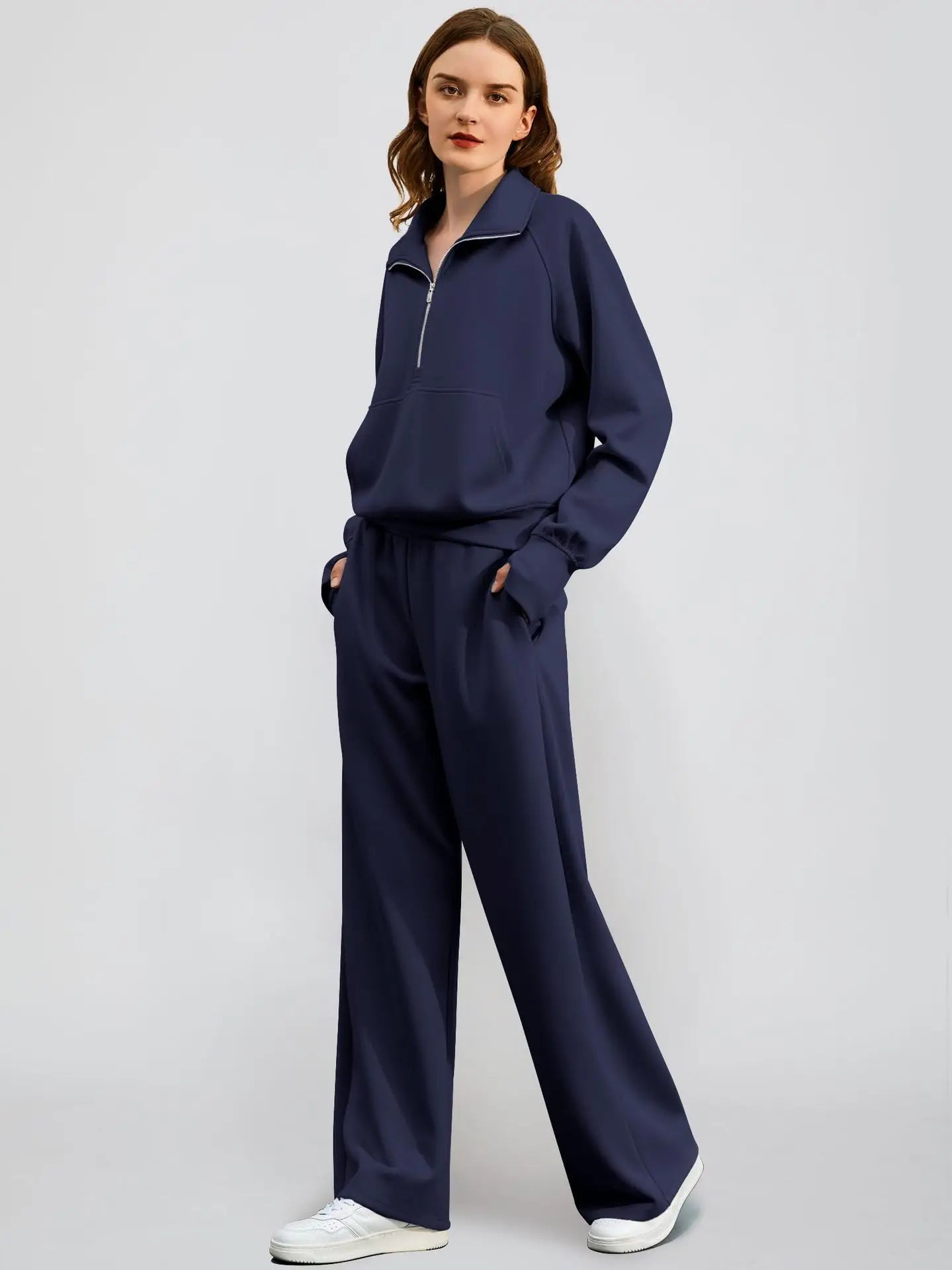Women’s Solid Color Half Zip Sweatshirt and Wide Leg Pants Set Casual Sporty Outfit