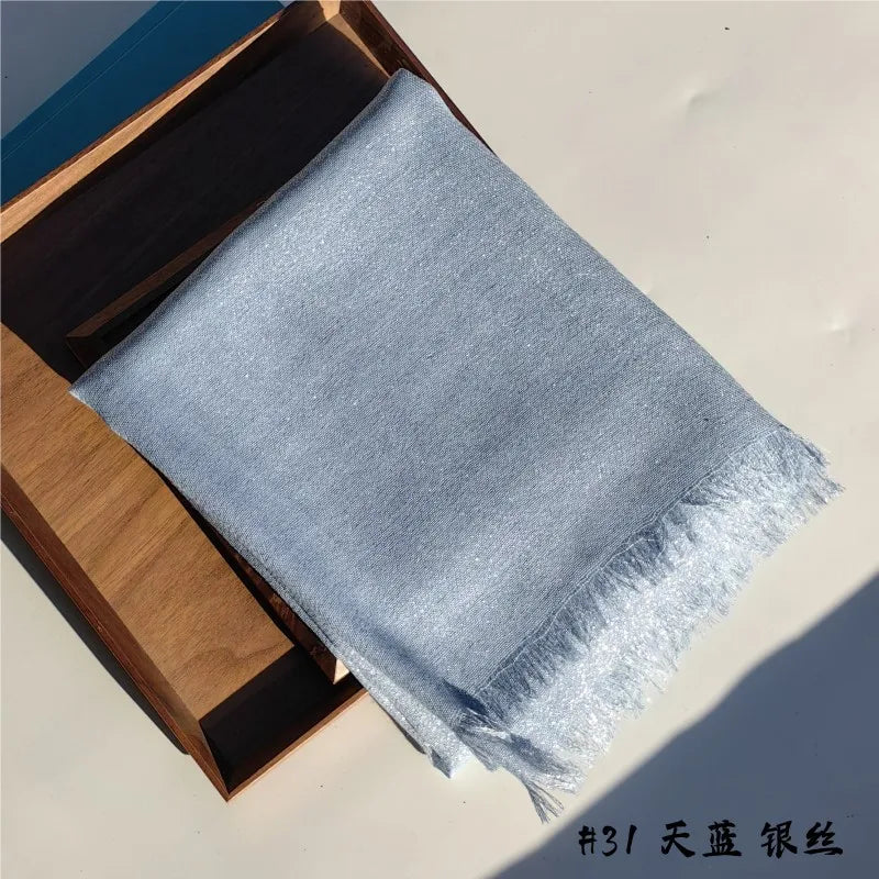 Lastest Brand Design Scarf Shiny Solid Color Shawls Rayon Fabric Gold Silk Silver Wire Head Shawl Fringe Hijab For Women