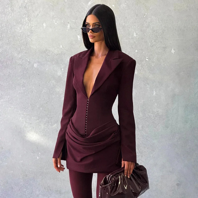 Blifanbo Elegant Deep V Neck Ruched Mini Autumn Long Sleeve Slim High Waist Fashion Patchwork Club Party Dress Female Clothes
