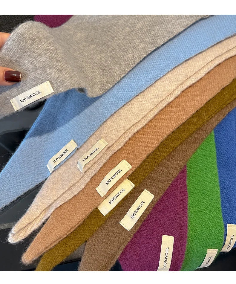 Knitted Scarf Women 100% Wool Winter Warm Scarves Bright Solid Color Design Thickened Shawl Soft Triangle Pashmina Neck 2025 NEW