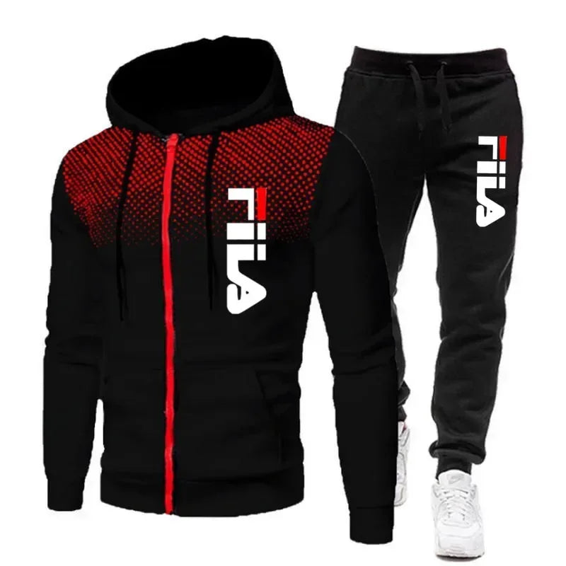 FILA Men's Autumn Winter Sports Hoodie & Jogging Pants Set – Casual Fitness Sweatshirt, Zipper Hoodie + 2 Stretch Pants