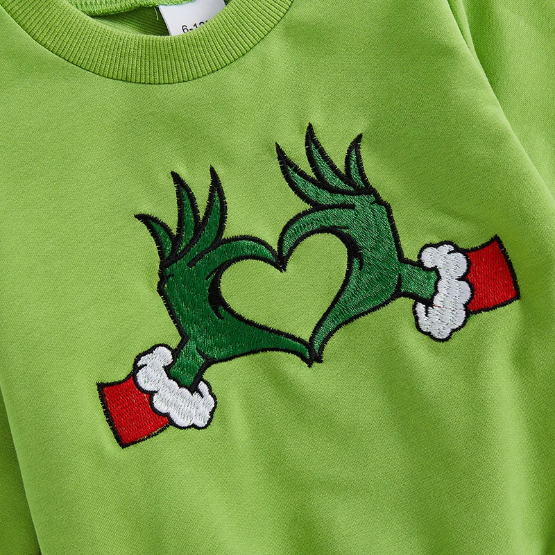 Baby Boy Girl Christmas Outfit Green Monster Long Sleeve Sweatshirt Solid Long Pants 2 Piece Set