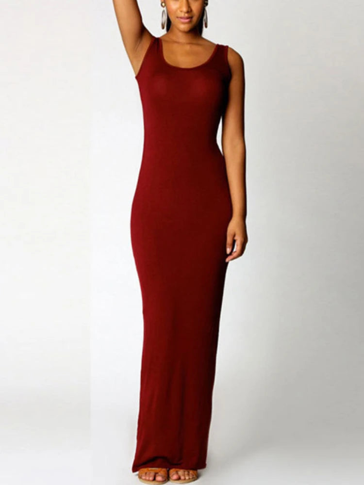 Sexy Solid Color Slim Bodycon Maxi Dress for Women Elegant Sleeveless Skinny Dress Club Party Vestidos