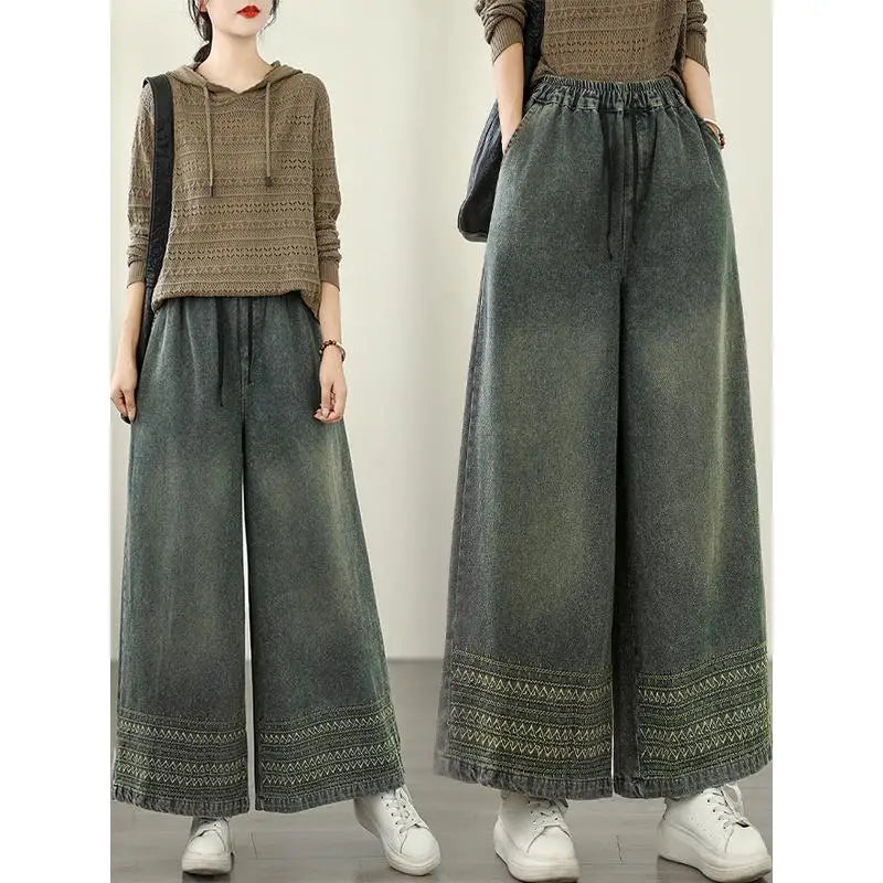 Jeans Women 2025 Autumn New Jeans Retro Heavy Industry Embroidery Ethnic Style Elastic Waist Casual Oversized Wide Leg Pants - trendingshoping.com