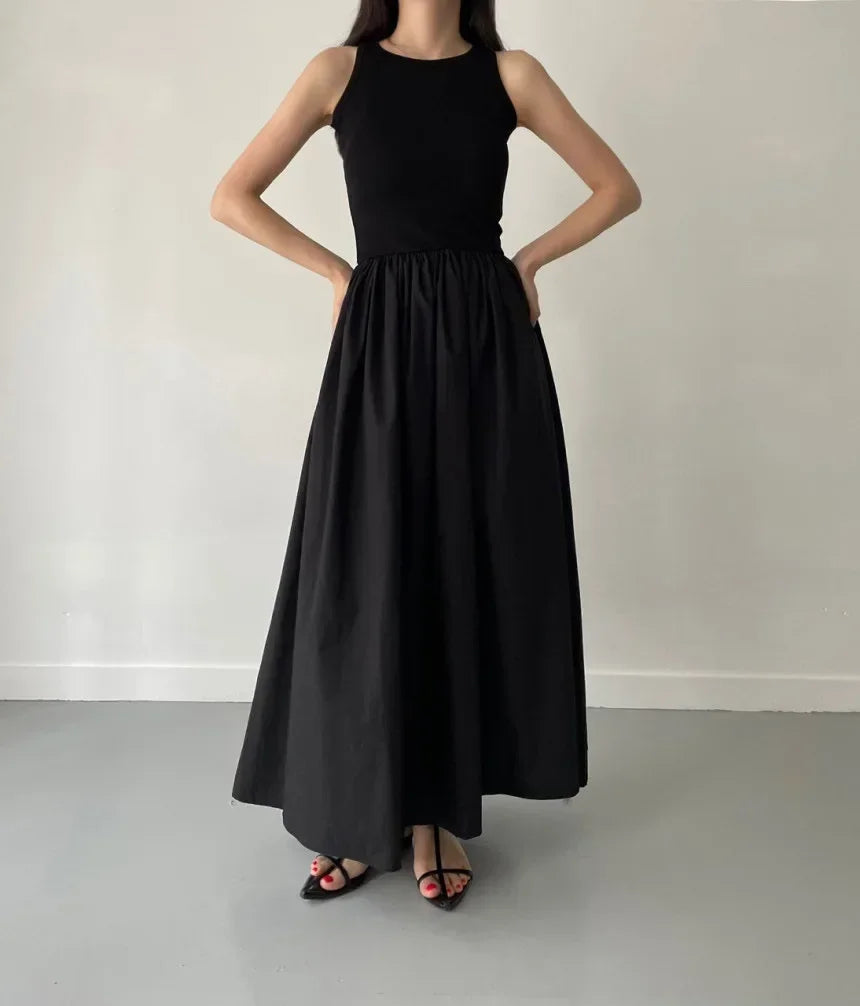 Women Black Long Dress Sleeveless Round Neck Elegant Style