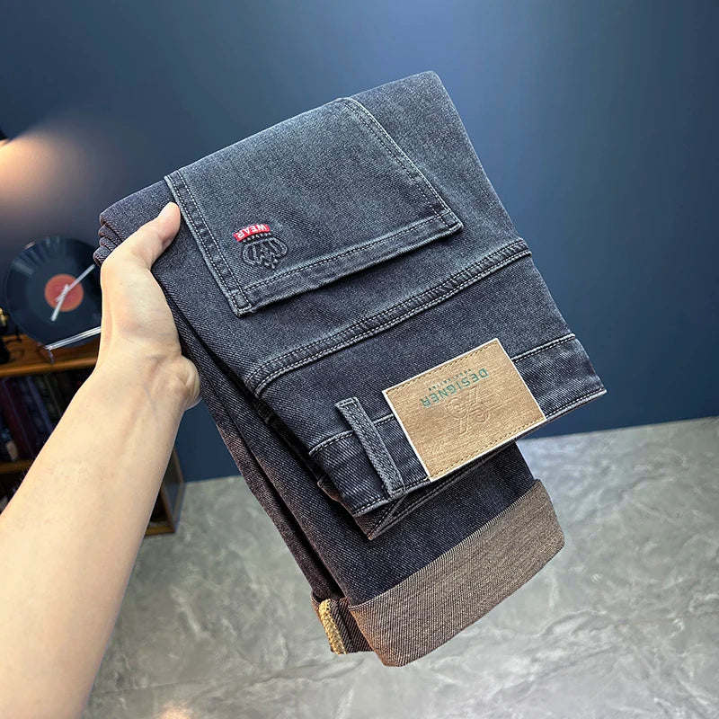 Men's Loose Straight Leg Jeans - Slightly Stretch Casual Denim Pants, Blue/Black