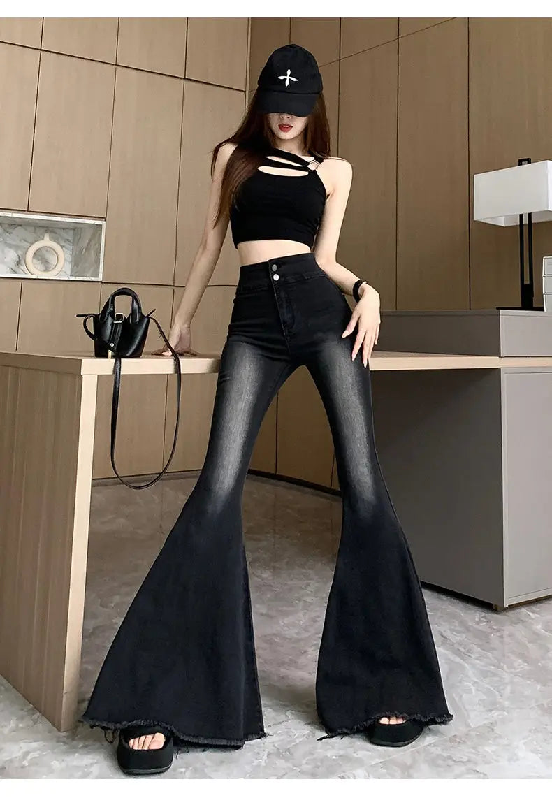 Jeans Women Autumn Chic Daily Flare Trousers Gradient Color High Street Full Length Fashion All-match Temperament Simple Shinny - trendingshoping.com