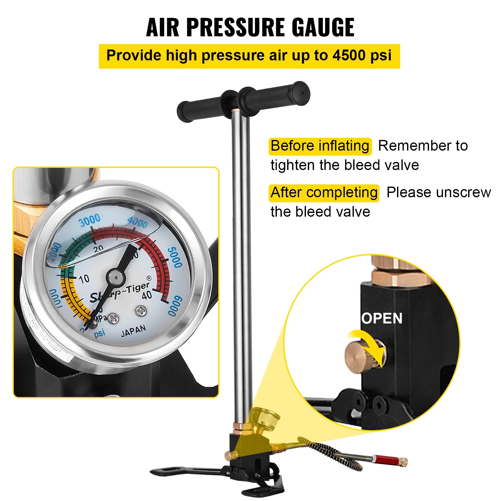 VEVOR 3 Stage PCP Pump + Pressure Gauge 4500PSI Tire Kayak Ball Inflatable Air Gun Filling Stirrup High Pressure Hand Pump - trendingshoping.com