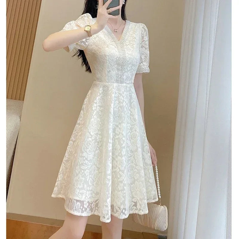Women's Elegant White Sequin & Beaded Midi Dress - V-Neck Lace Party Dress