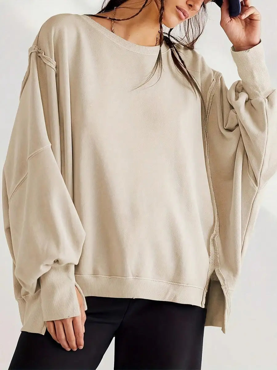 Women Spring Autumn Long Sleeve Loose Tops Crew Neck Striped Side Slits Shirt Casual Pullover Sweatshirt Tops