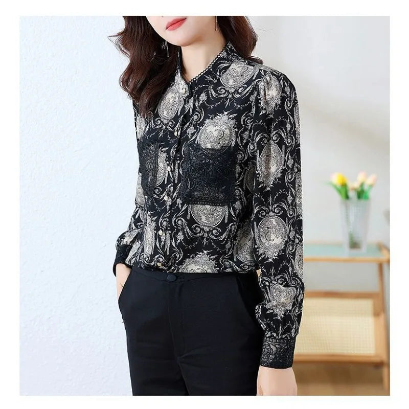 Women's Printed Satin Shirt - Slim Fit Long Sleeve Blouse for Spring & Autumn, Office Wear