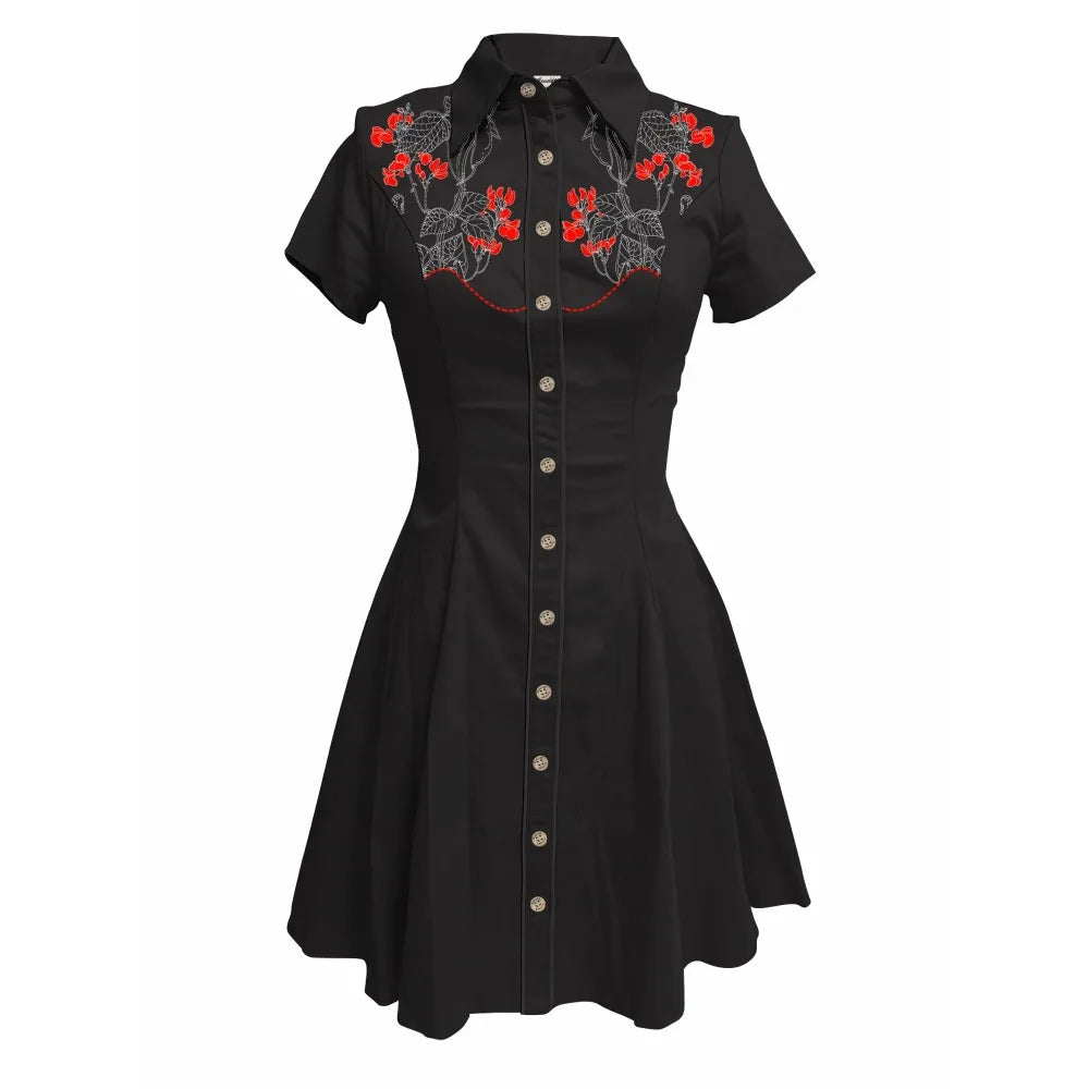 Western Vintage Flower Printed Western Cowboy Dress Women Button-down Dress Short Sleeves 100% Cotton Dress Summer Streetwear