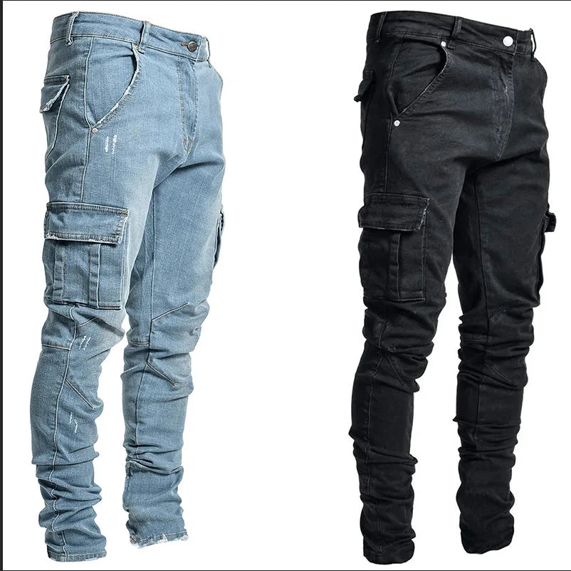 Jeans Men Black Cargo Multi Pocket Denim Pants Blue Slim Fit Overol Hombre Fashion Casual Streetwear Trousers