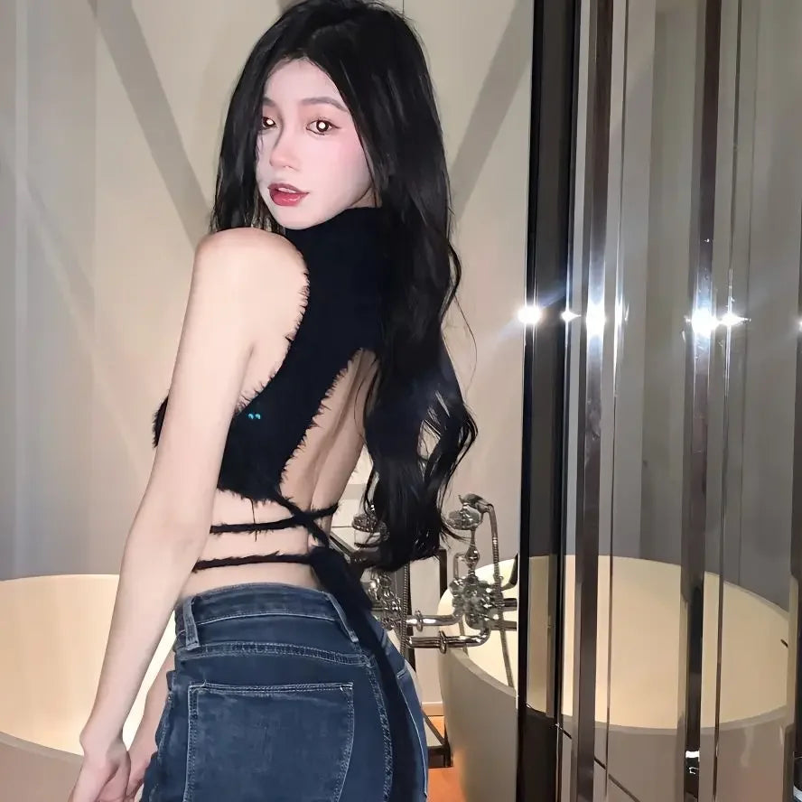 Women Knit Halter Crop Top Furry Lace Up Sleeveless