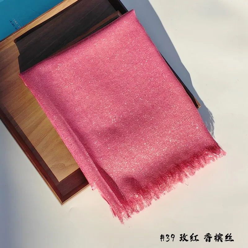 Lastest Brand Design Scarf Shiny Solid Color Shawls Rayon Fabric Gold Silk Silver Wire Head Shawl Fringe Hijab For Women