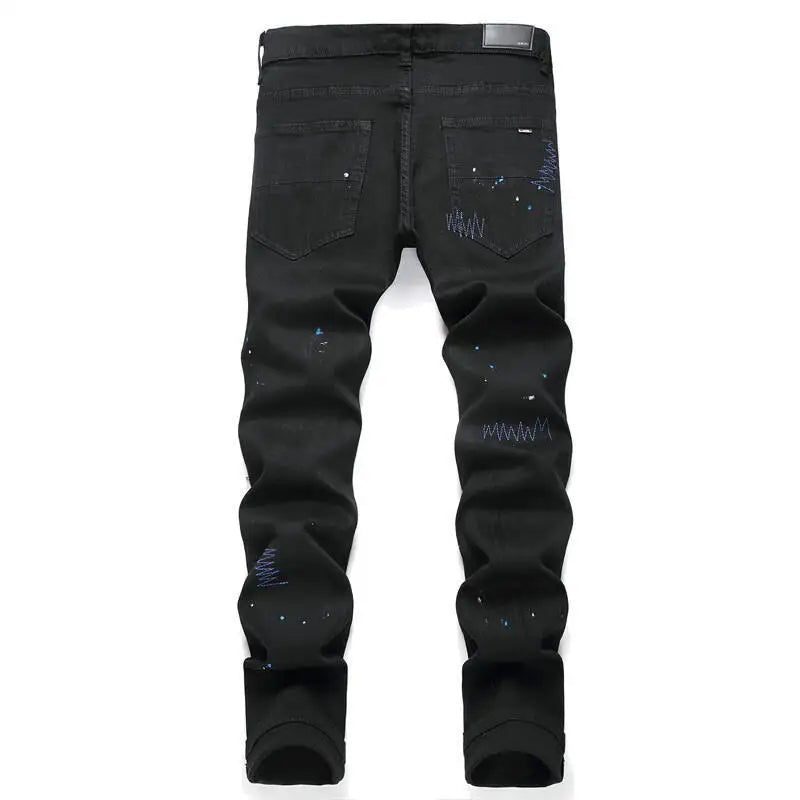 Mens Black Distressed Patch Jeans Elastic Slim Fit Pants