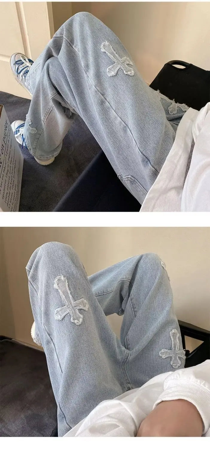 Mens Straight Loose Denim Jeans Cross Embroidery Black Blue Casual Pants