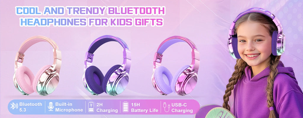 Glossy Bluetooth Headphones For Kids Girls Wireless Stereo Headset With Mic