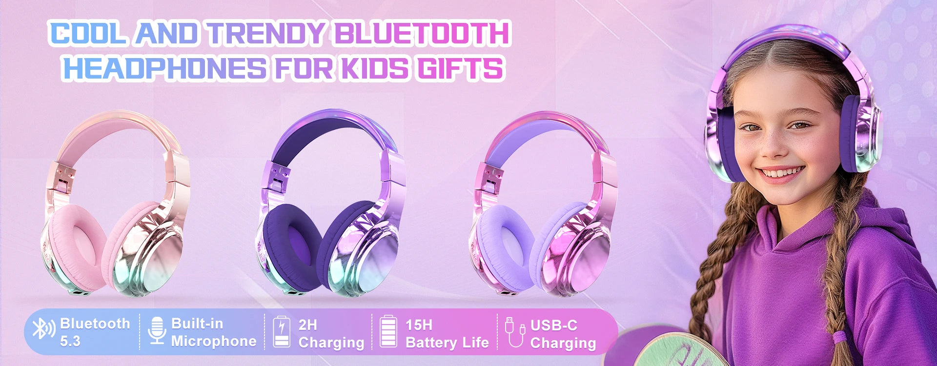 Glossy Bluetooth Headphones For Kids Girls Wireless Stereo Headset With Mic