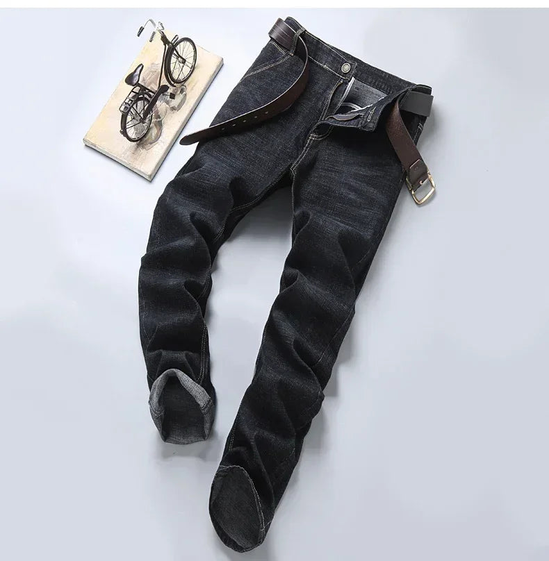 Men's Classic Straight Leg Stretch Jeans - Casual Work Denim Trousers in Blue & Black