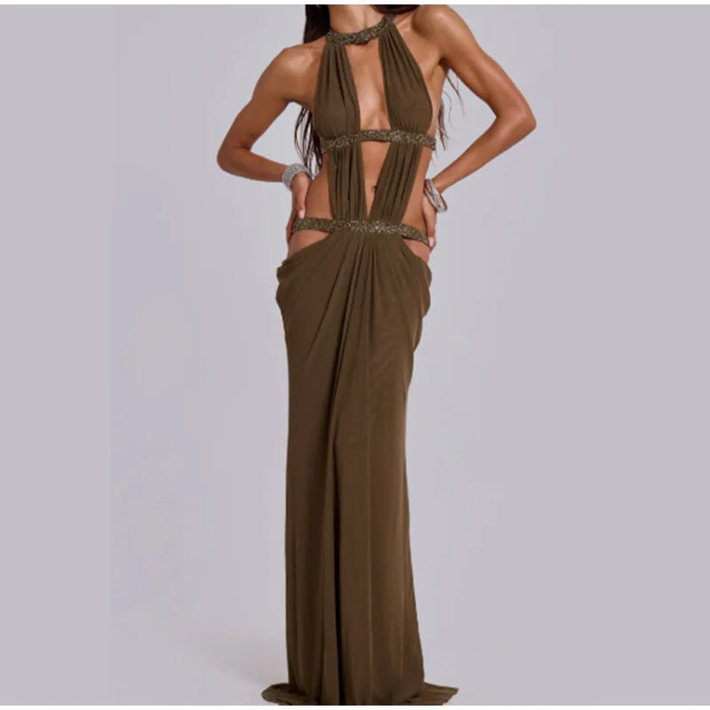 Women’s Sequin Halter Neck Sleeveless Backless Evening Maxi Dress
