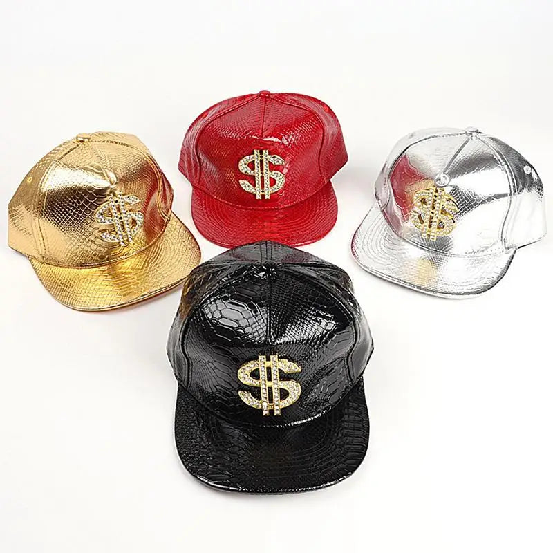 Crocodile Hip Hop Cap – Gold Dollar Sign Flat Brim Fitted Hat for Youth