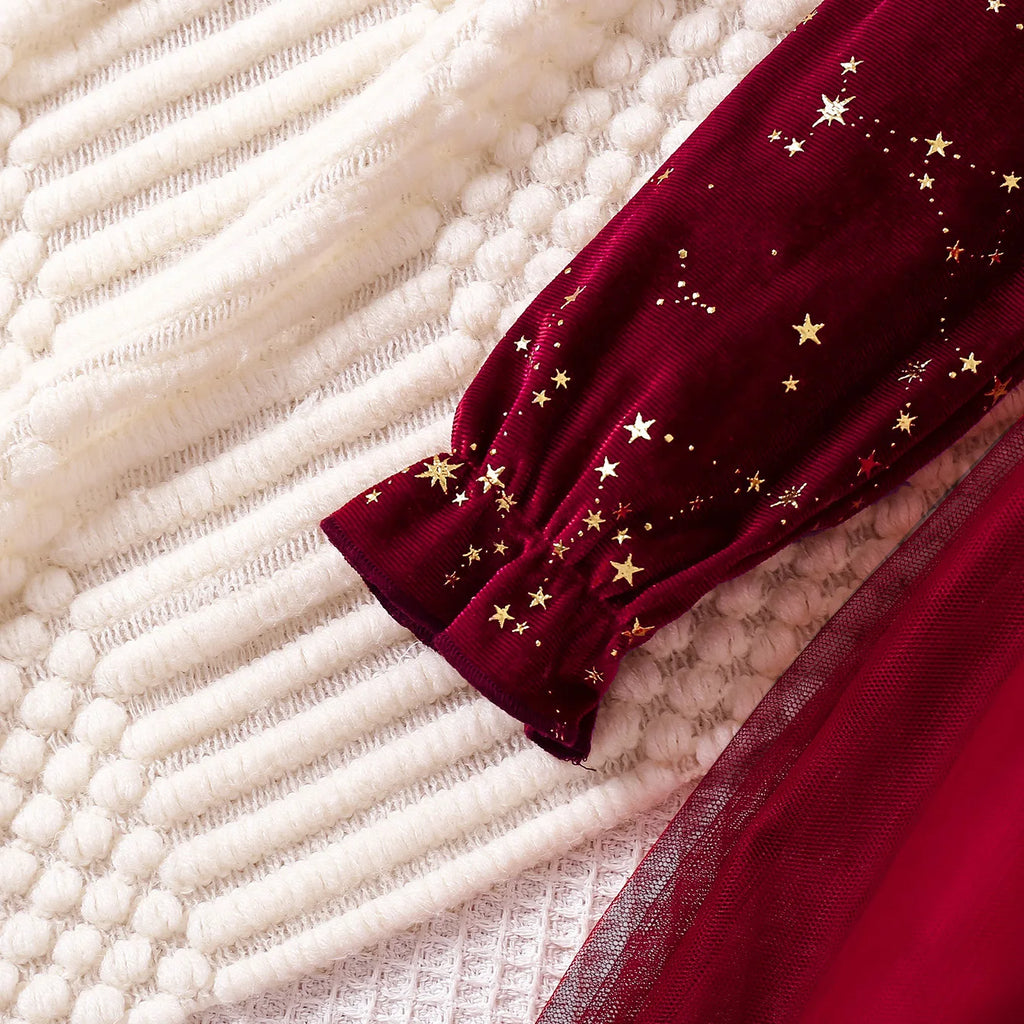 Girls Autumn Winter Velvet Long Sleeve Princess Dress With Mesh Bow Party Festive Wear