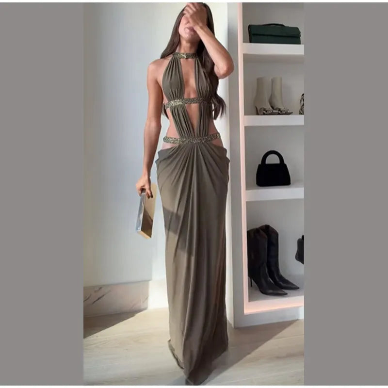 Women’s Sequin Halter Neck Sleeveless Backless Evening Maxi Dress