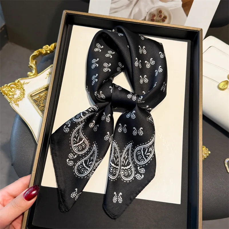 New Paisley Houndstooth Printed Square Scarf Coffee Color Thin Smooth Neck Scarf Vintage Style Sunscreen Headscarf For Women