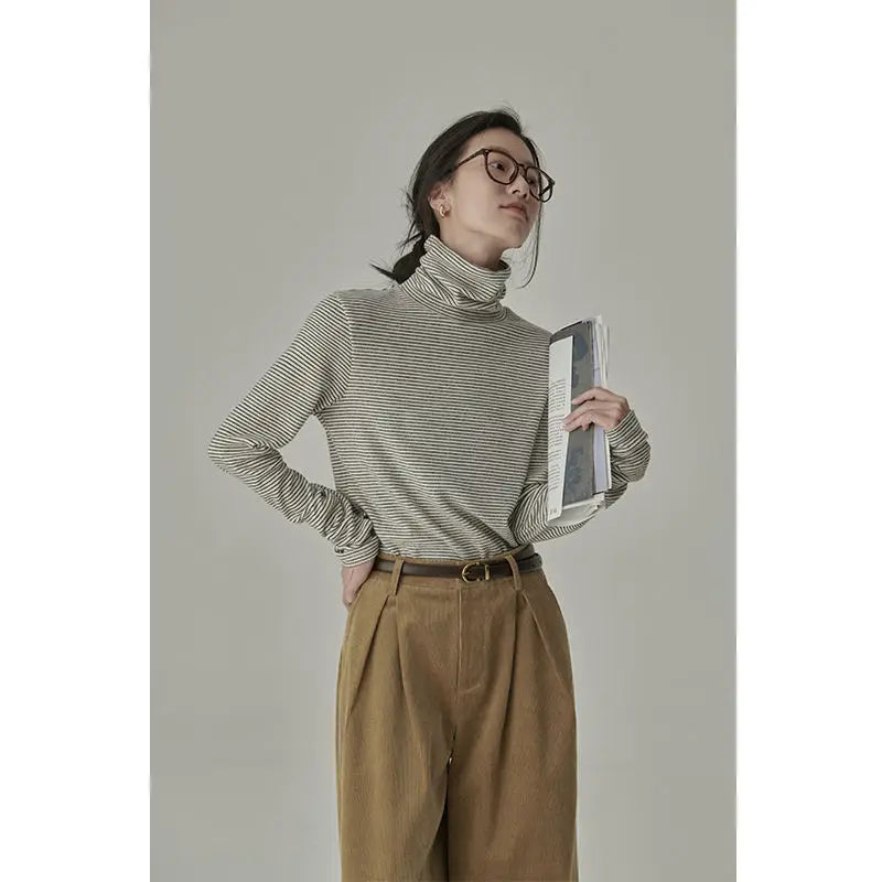 Striped T-shirts Women Spring Cozy Long Sleeved All-match Daily Elegant Classic Turtleneck Tops Hot Sales Korean Style Clothing