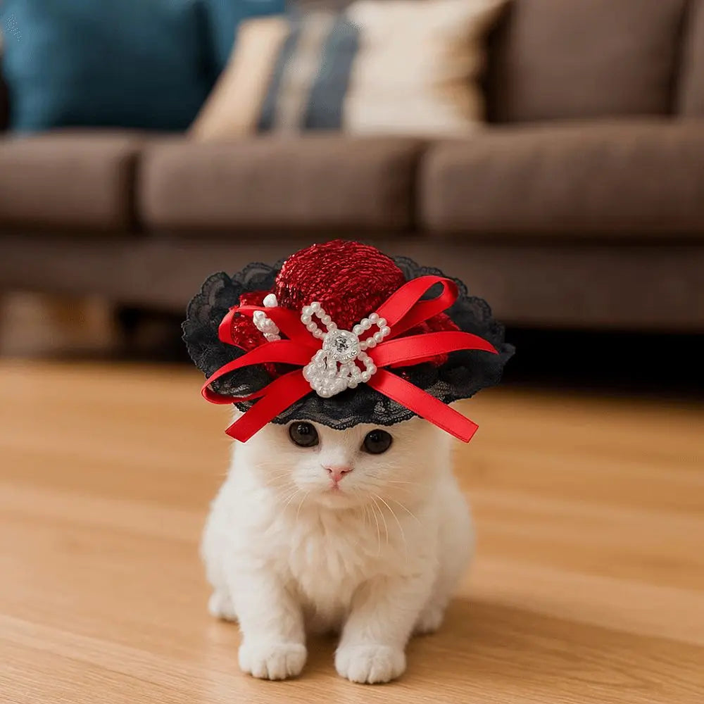 Pet Cat Halloween Hat Adjustable Sequin Lace Cosplay