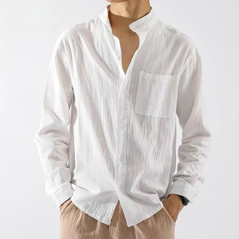 Men's White Linen Shirt with Pocket – Elegant Casual Fashion Shirt, 2025 New Arrival Social Tops
