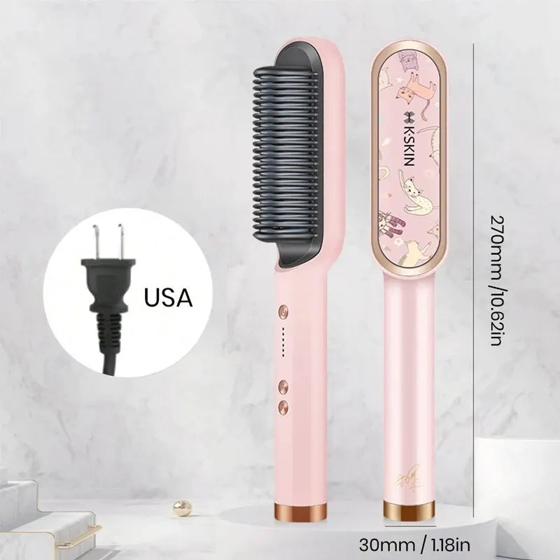 KSKIN 2-in-1 Hair Straightener Brush - Ionic Ceramic Hair Flat Iron Comb,Pink