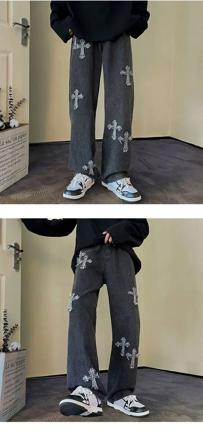 Mens Straight Loose Denim Jeans Cross Embroidery Black Blue Casual Pants
