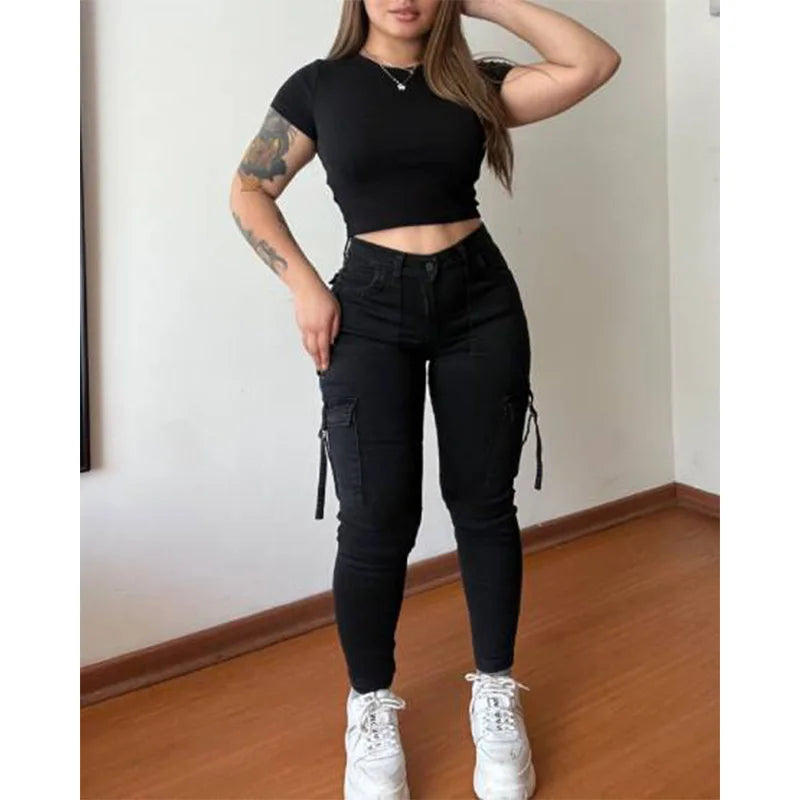 Womens Plus Size Elastic Skinny Pencil Jeans Seamless Pocket Leggings With Belt